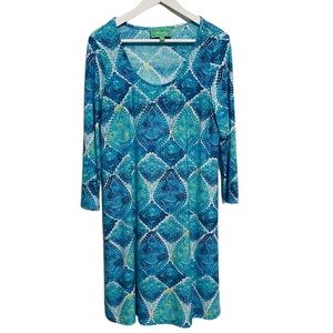 Pappagallo Shift Dress Ocean Multi Blue Green Stretch Knit Tropical print Large